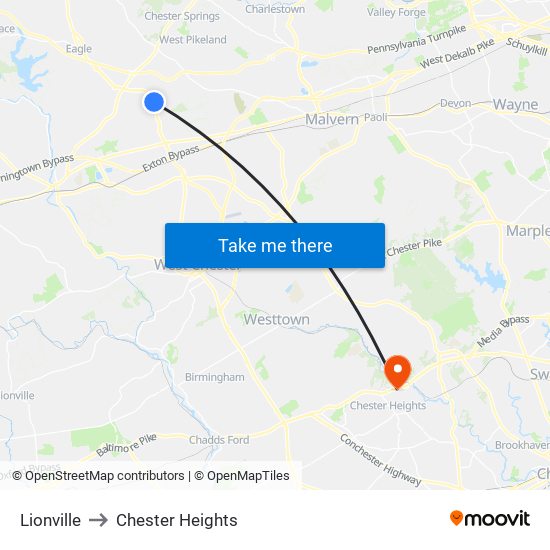 Lionville to Chester Heights map