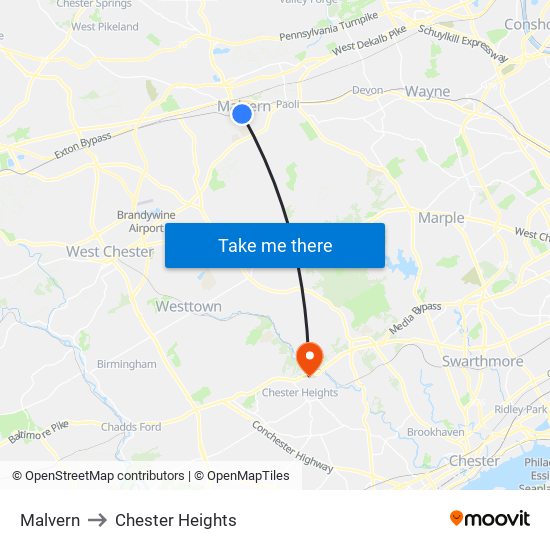 Malvern to Chester Heights map