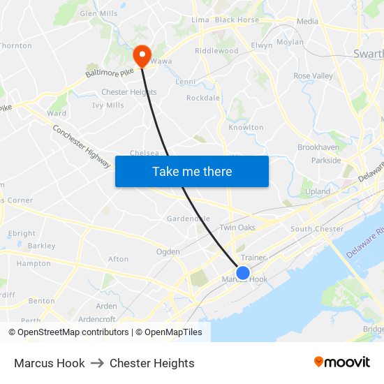 Marcus Hook to Chester Heights map