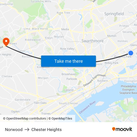 Norwood to Chester Heights map