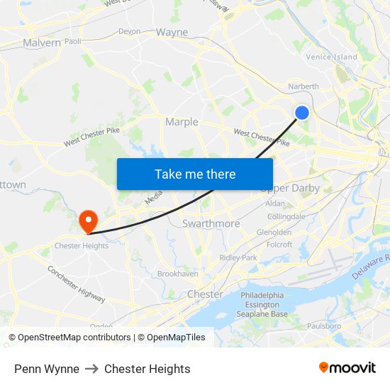 Penn Wynne to Chester Heights map