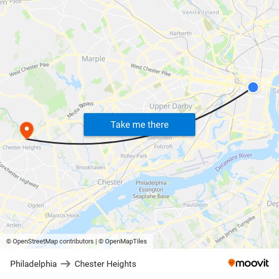 Philadelphia to Chester Heights map