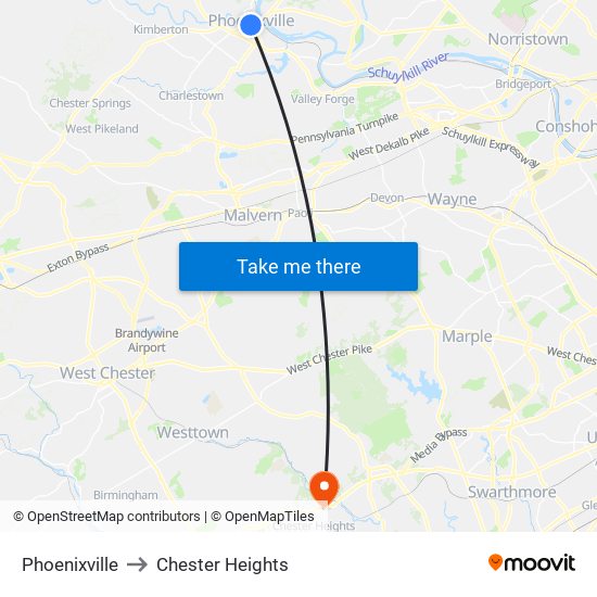 Phoenixville to Chester Heights map