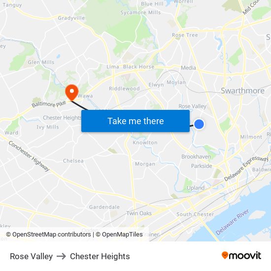 Rose Valley to Chester Heights map