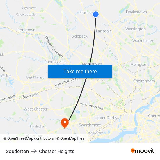 Souderton to Chester Heights map