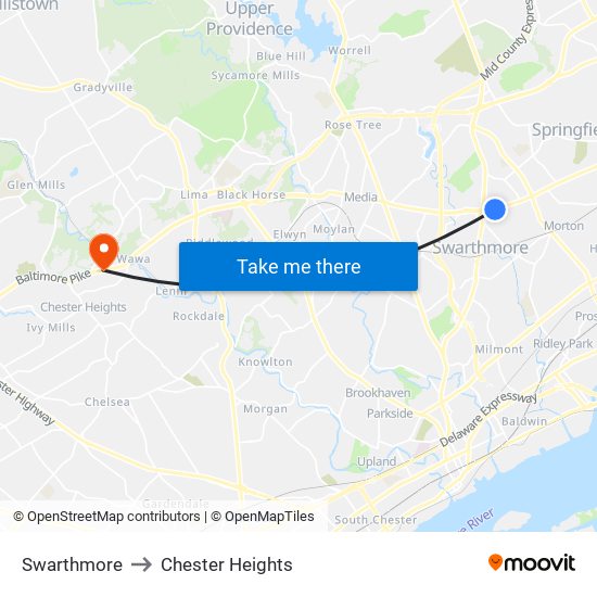 Swarthmore to Chester Heights map