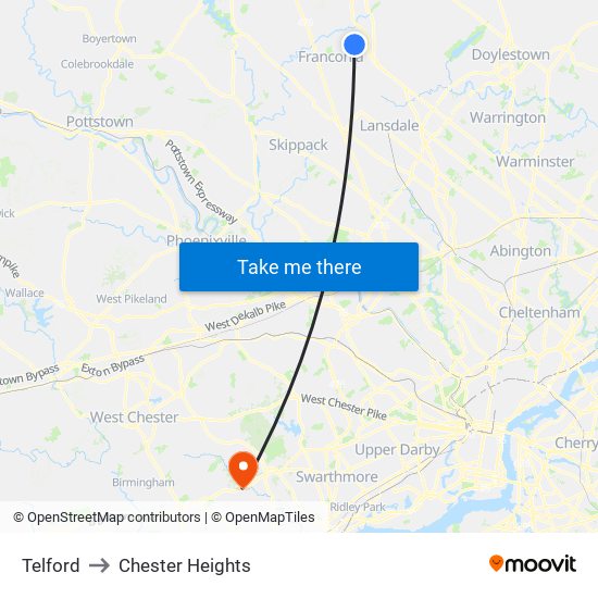 Telford to Chester Heights map