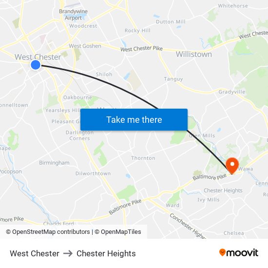 West Chester to Chester Heights map