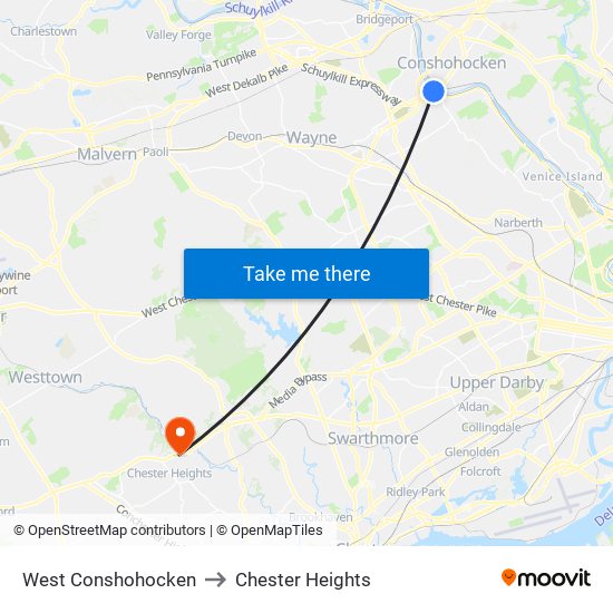 West Conshohocken to Chester Heights map