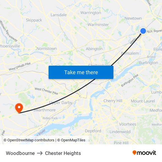 Woodbourne to Chester Heights map