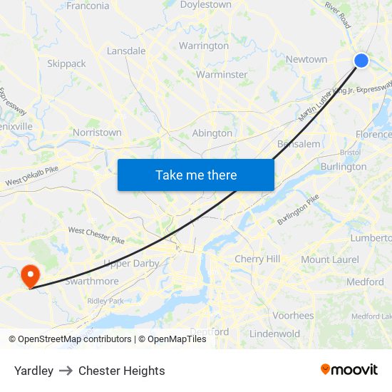 Yardley to Chester Heights map