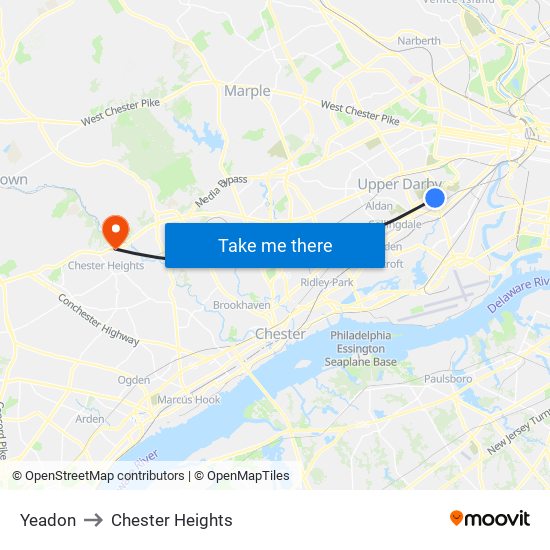 Yeadon to Chester Heights map