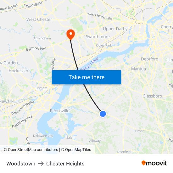 Woodstown to Chester Heights map