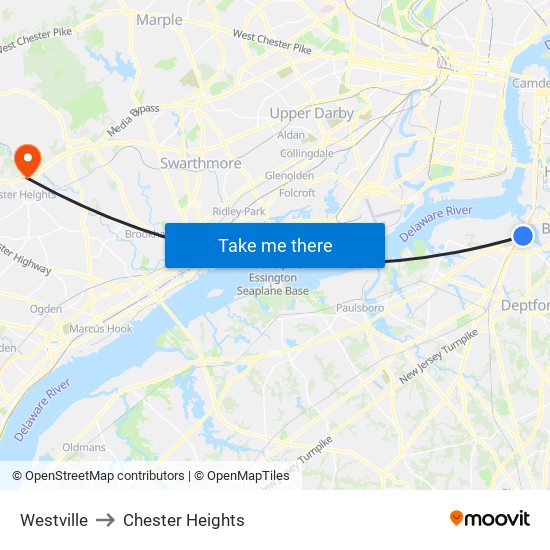 Westville to Chester Heights map