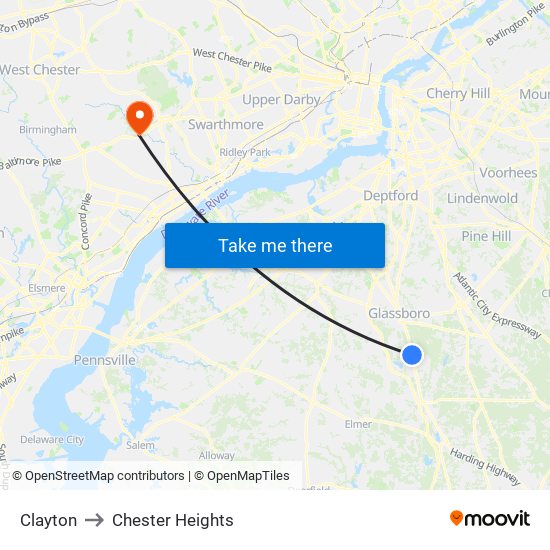 Clayton to Chester Heights map