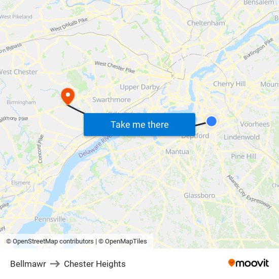 Bellmawr to Chester Heights map