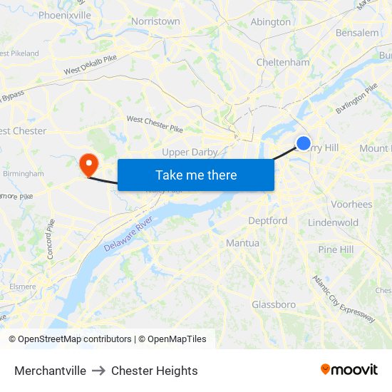 Merchantville to Chester Heights map