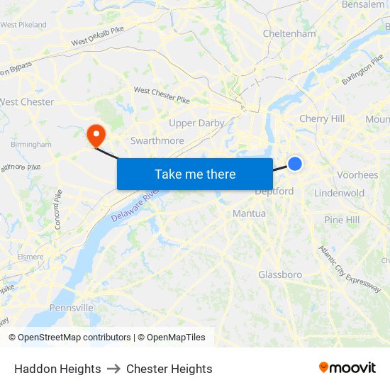 Haddon Heights to Chester Heights map