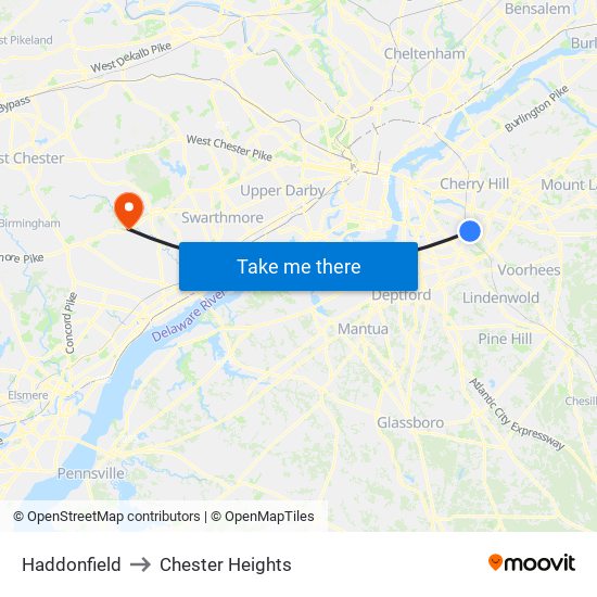 Haddonfield to Chester Heights map