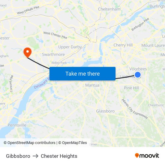 Gibbsboro to Chester Heights map