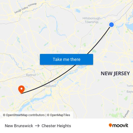 New Brunswick to Chester Heights map