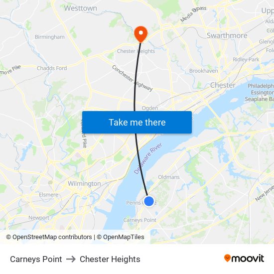 Carneys Point to Chester Heights map
