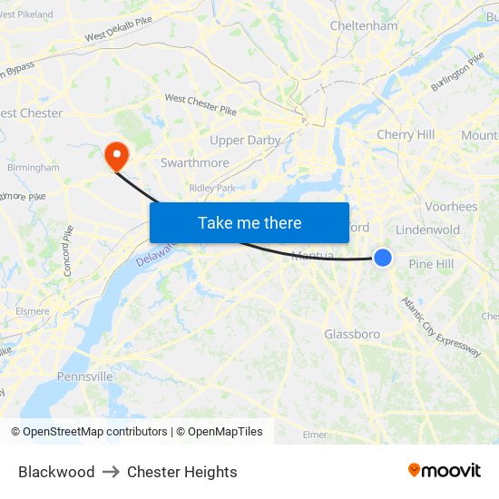 Blackwood to Chester Heights map