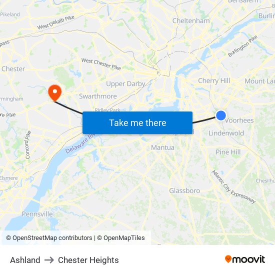 Ashland to Chester Heights map
