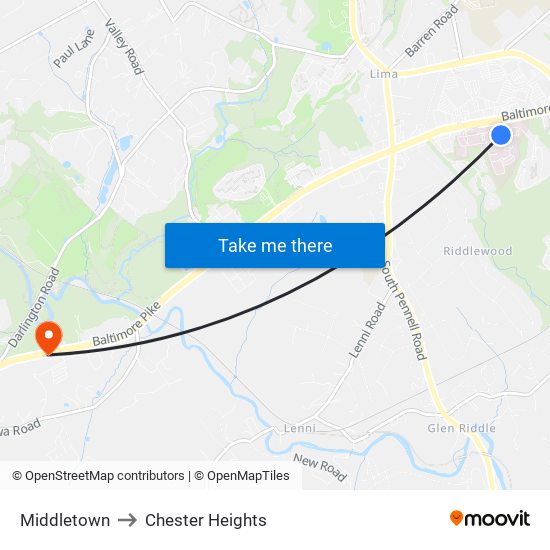 Middletown to Chester Heights map