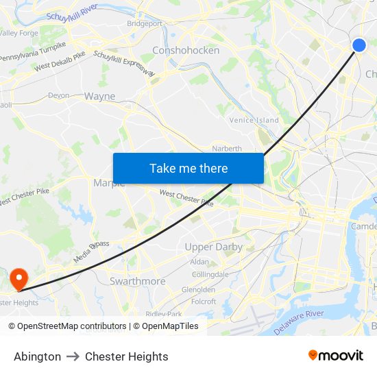 Abington to Chester Heights map