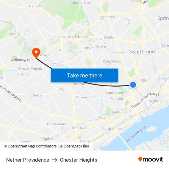 Nether Providence to Chester Heights map