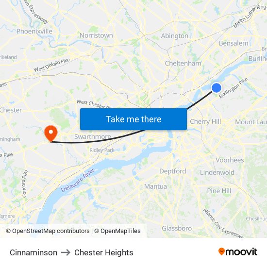 Cinnaminson to Chester Heights map