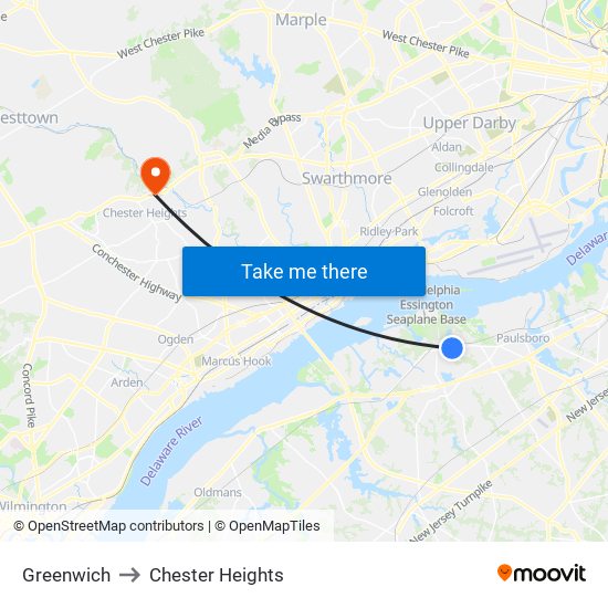 Greenwich to Chester Heights map