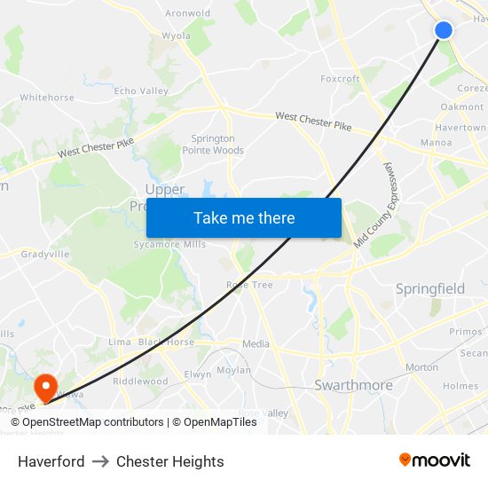 Haverford to Chester Heights map