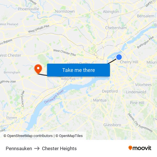 Pennsauken to Chester Heights map