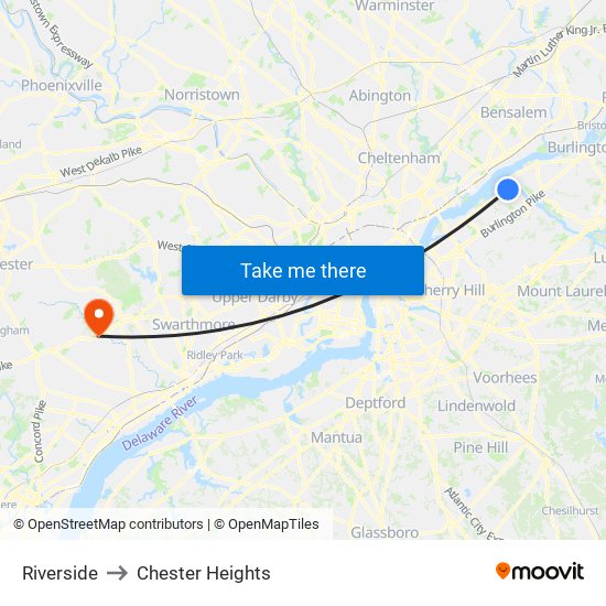 Riverside to Chester Heights map