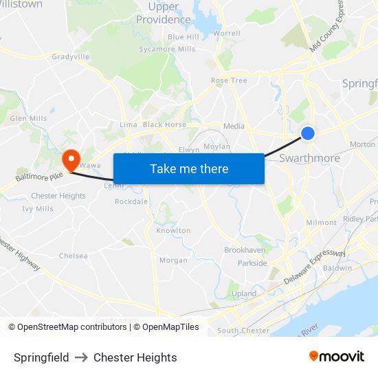 Springfield to Chester Heights map
