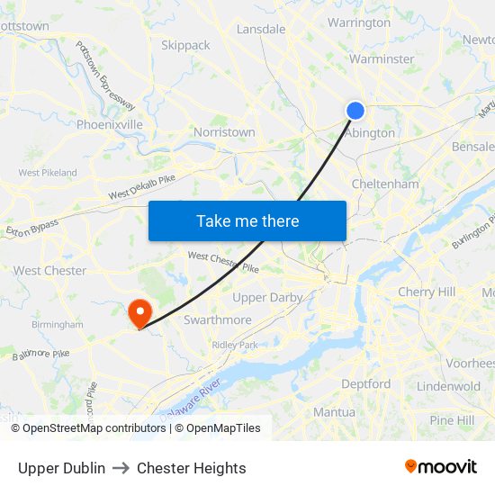 Upper Dublin to Chester Heights map