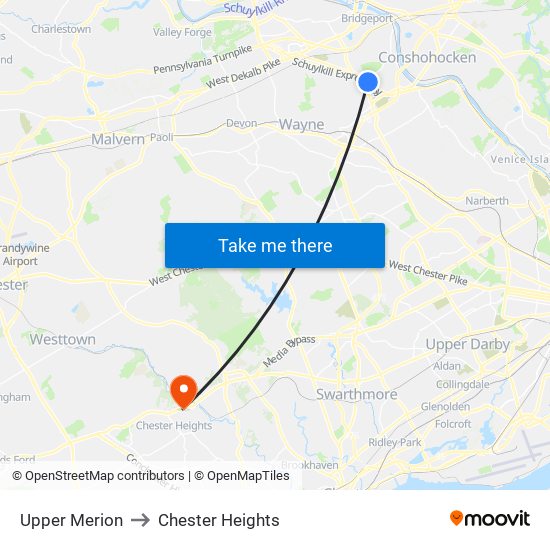 Upper Merion to Chester Heights map
