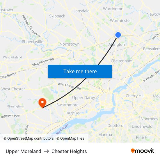 Upper Moreland to Chester Heights map