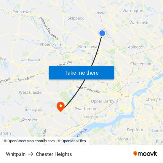 Whitpain to Chester Heights map