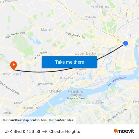 JFK Blvd & 15th St to Chester Heights map