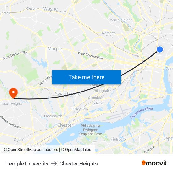 Temple University to Chester Heights map