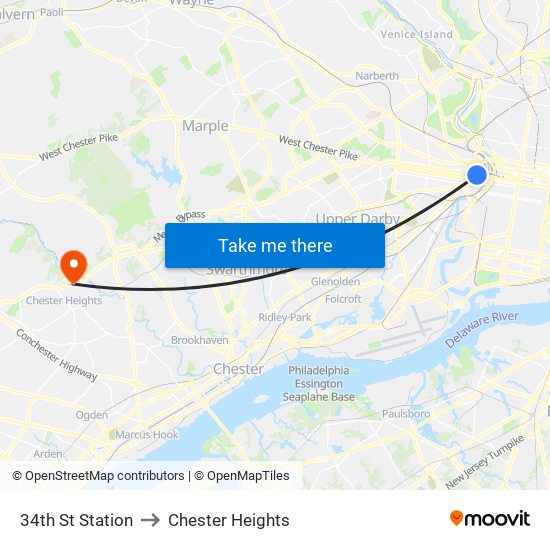 34th St Station to Chester Heights map