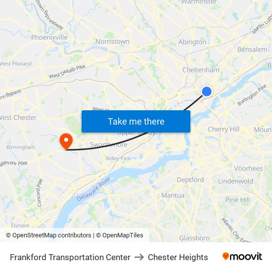 Frankford Transportation Center to Chester Heights map