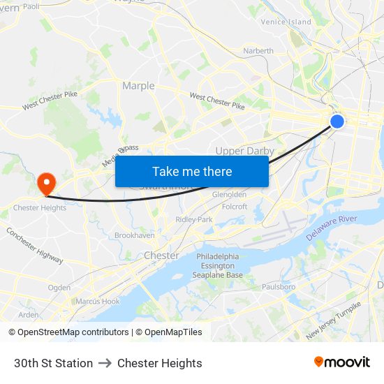 30th St Station to Chester Heights map