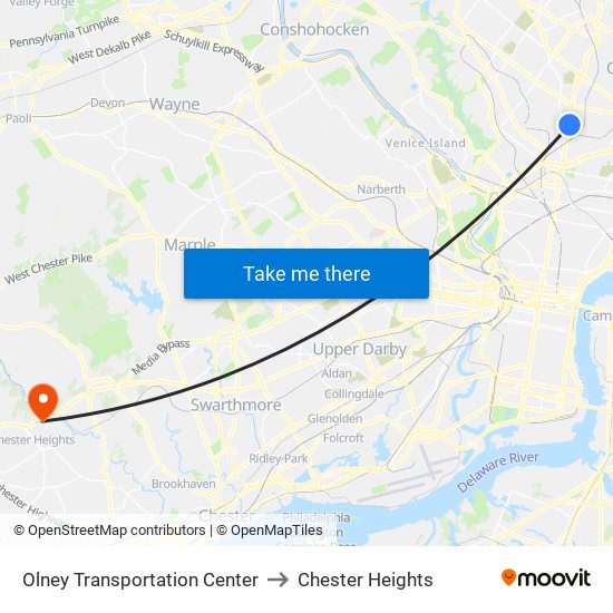 Olney Transportation Center to Chester Heights map
