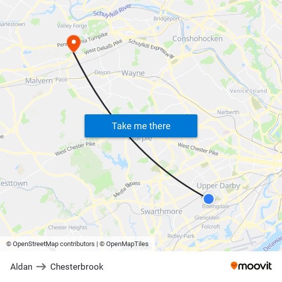 Aldan to Chesterbrook map