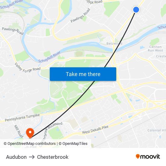 Audubon to Chesterbrook map