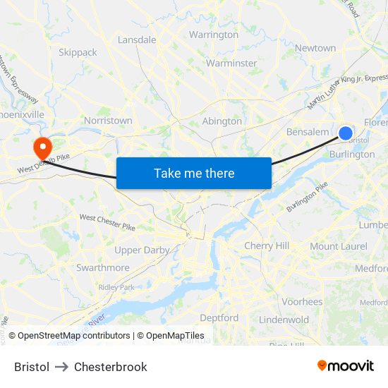 Bristol to Chesterbrook map